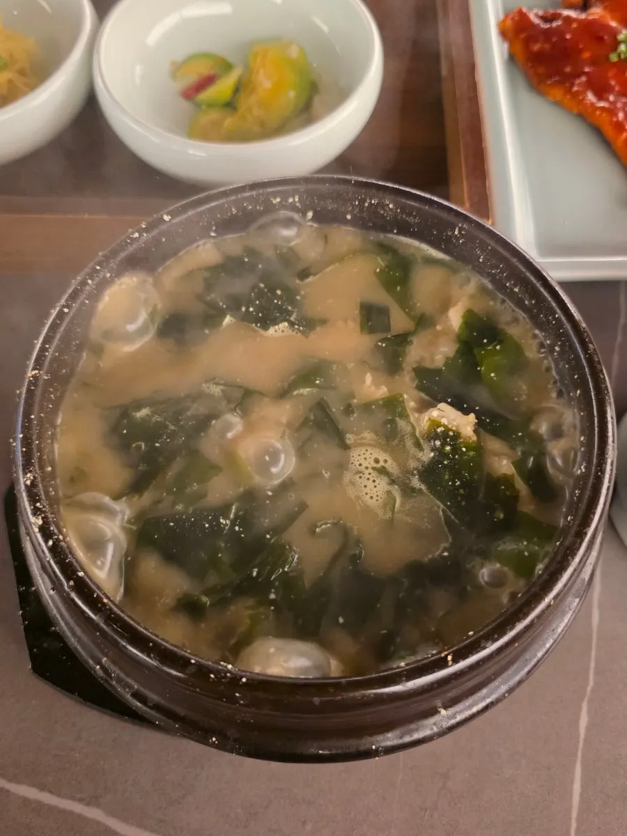 Flounder seaweed soup bubbling in a stone pot