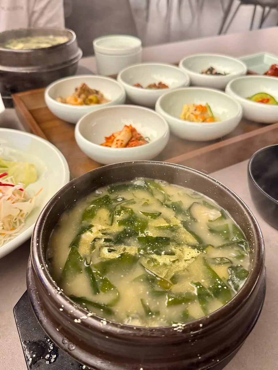 A spoonful of rice with the beef seaweed soup