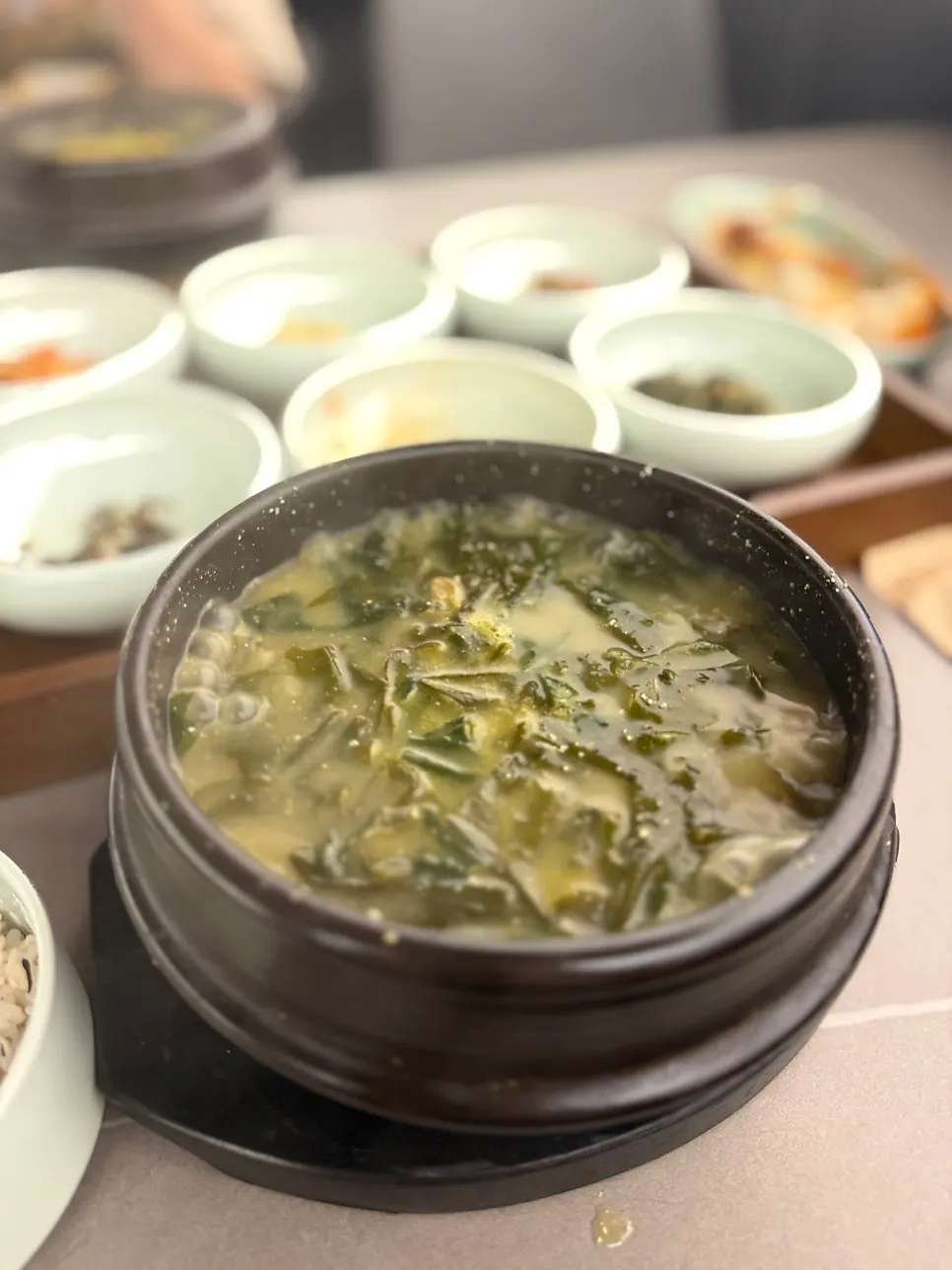 Beef seaweed soup in a stone pot at Haenon Miyeok