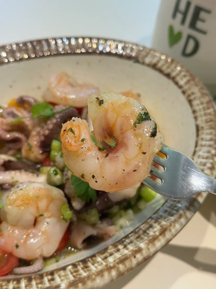 Plump shrimp in the seafood salad