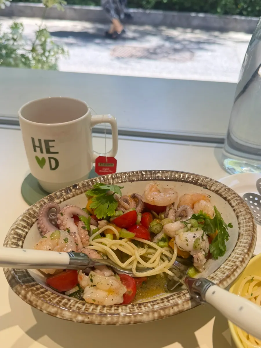 Brunch spread by the forest-view window at HEOD Mapo