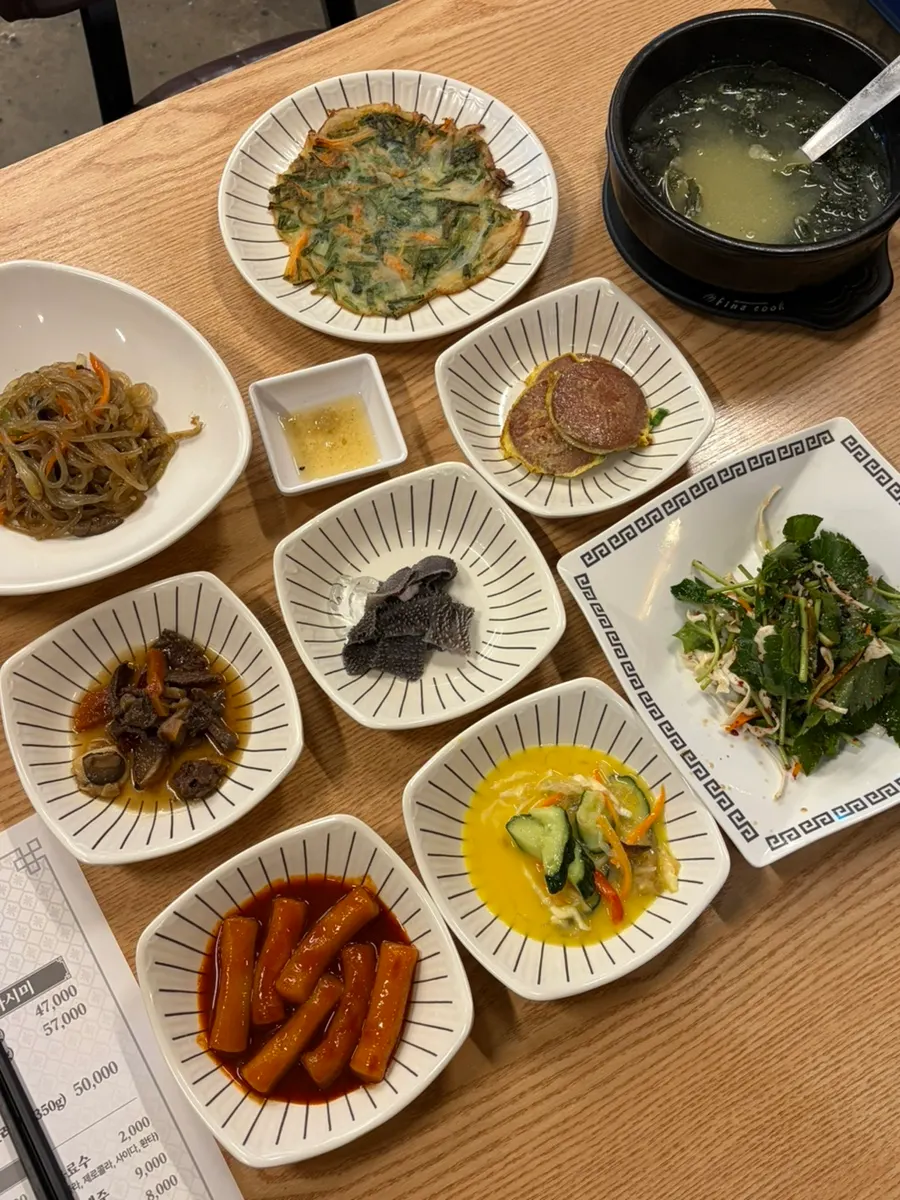 Basic side dishes including braised beef, japchae, and jeon