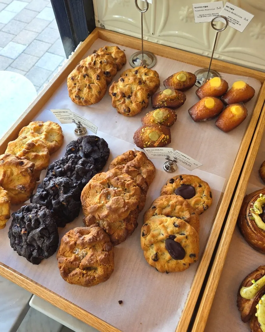 Baked pastries displayed in the showcase