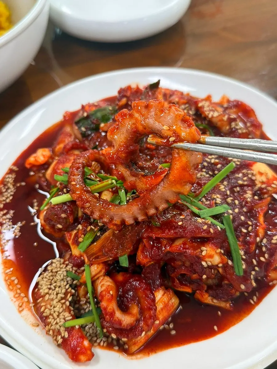 젓가락으로 들어 올린 두툼한 낙지 다리