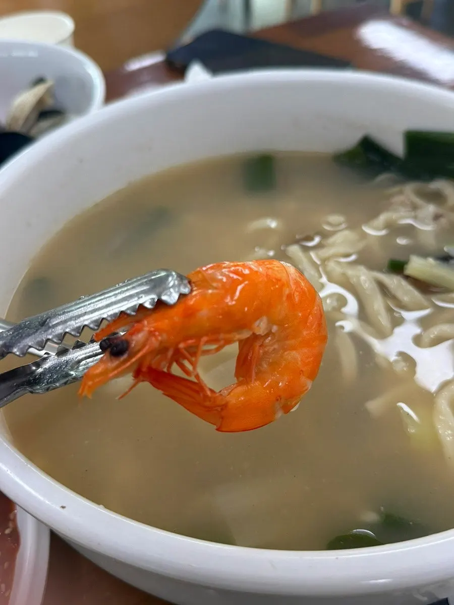조개와 큼지막한 새우가 든 해물칼국수