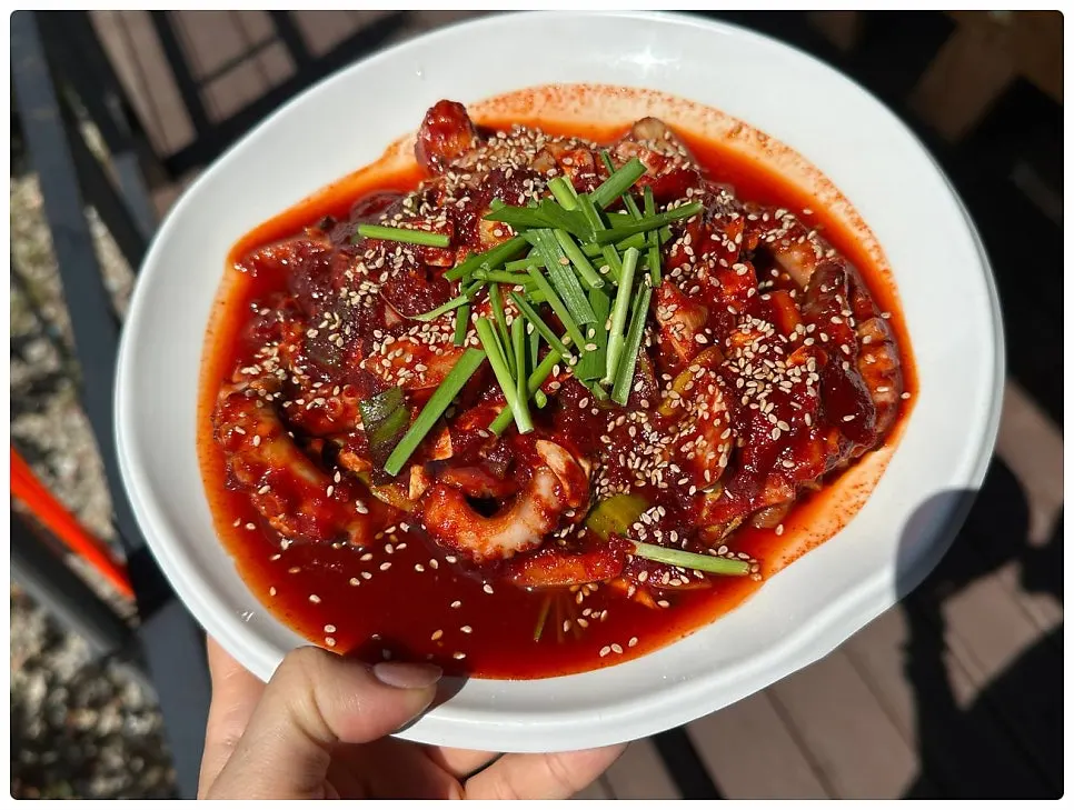 자연광 아래 낙지볶음 클로즈업