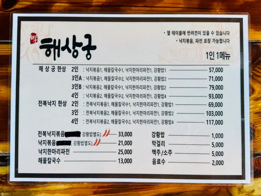 Haesanggung's menu board with prices for octopus stir-fry and seafood kalguksu