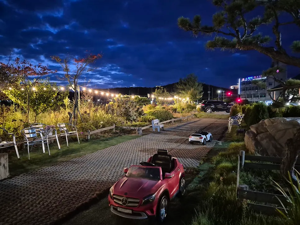 Red toy car for kids in Haesanggung's garden