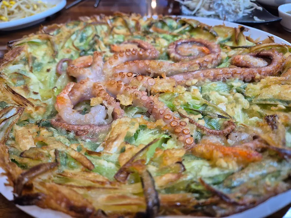 Close-up of octopus tentacles and shrimp on the thin pancake