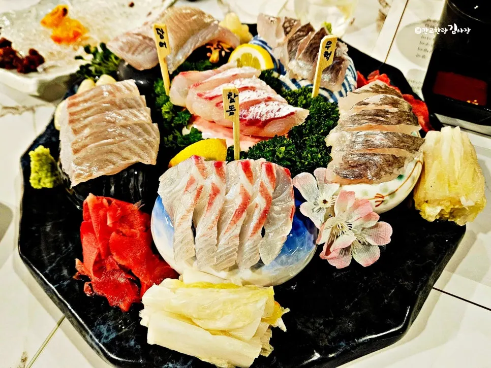 Aged sashimi course table setting at Haeseon near Sunae Station