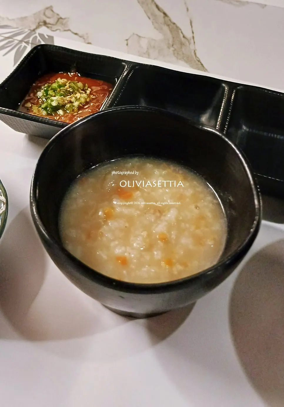 First course dishes: beef vegetable porridge and broth