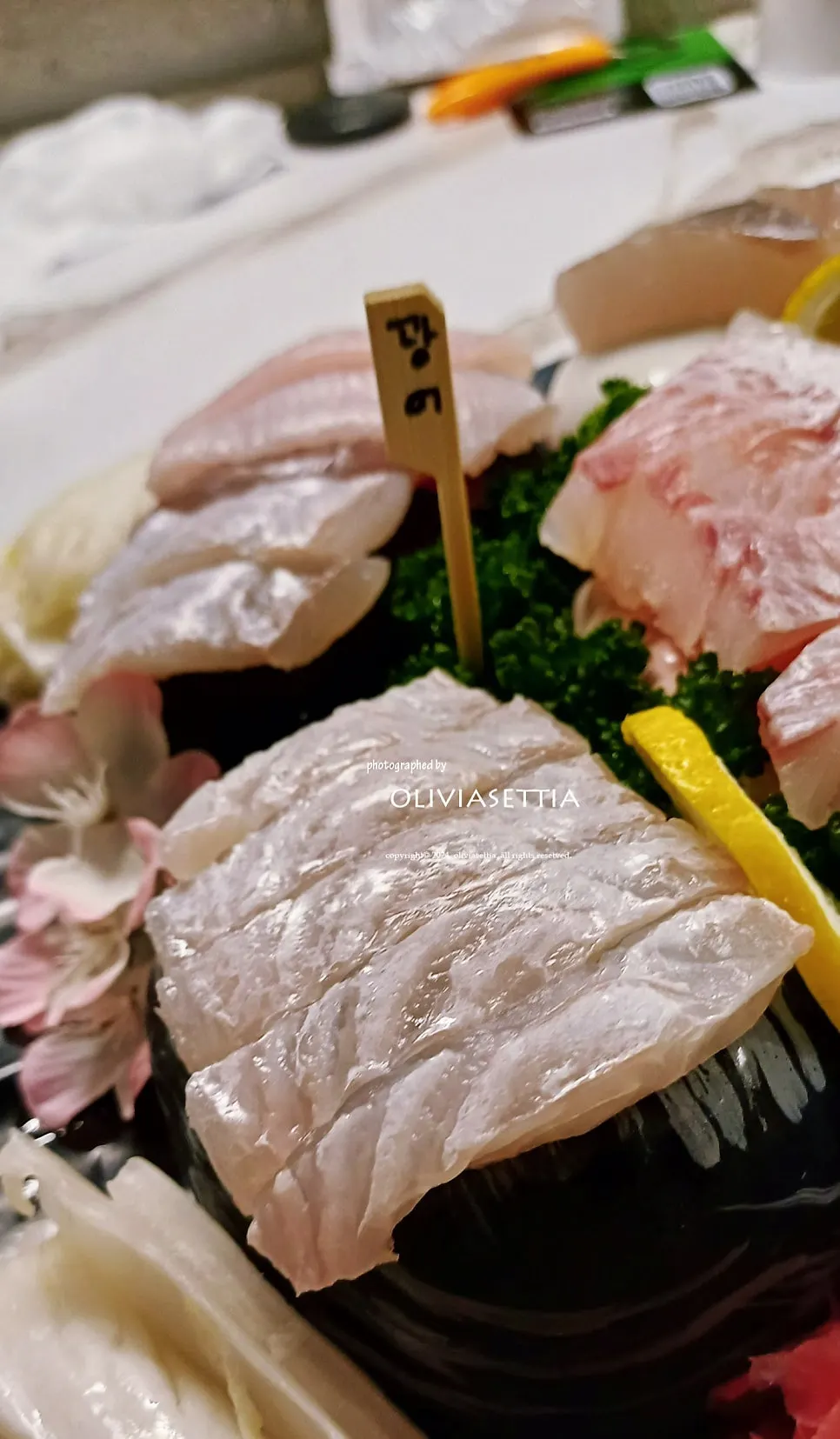 Aged sashimi trio: red sea bream, rockfish, and flounder