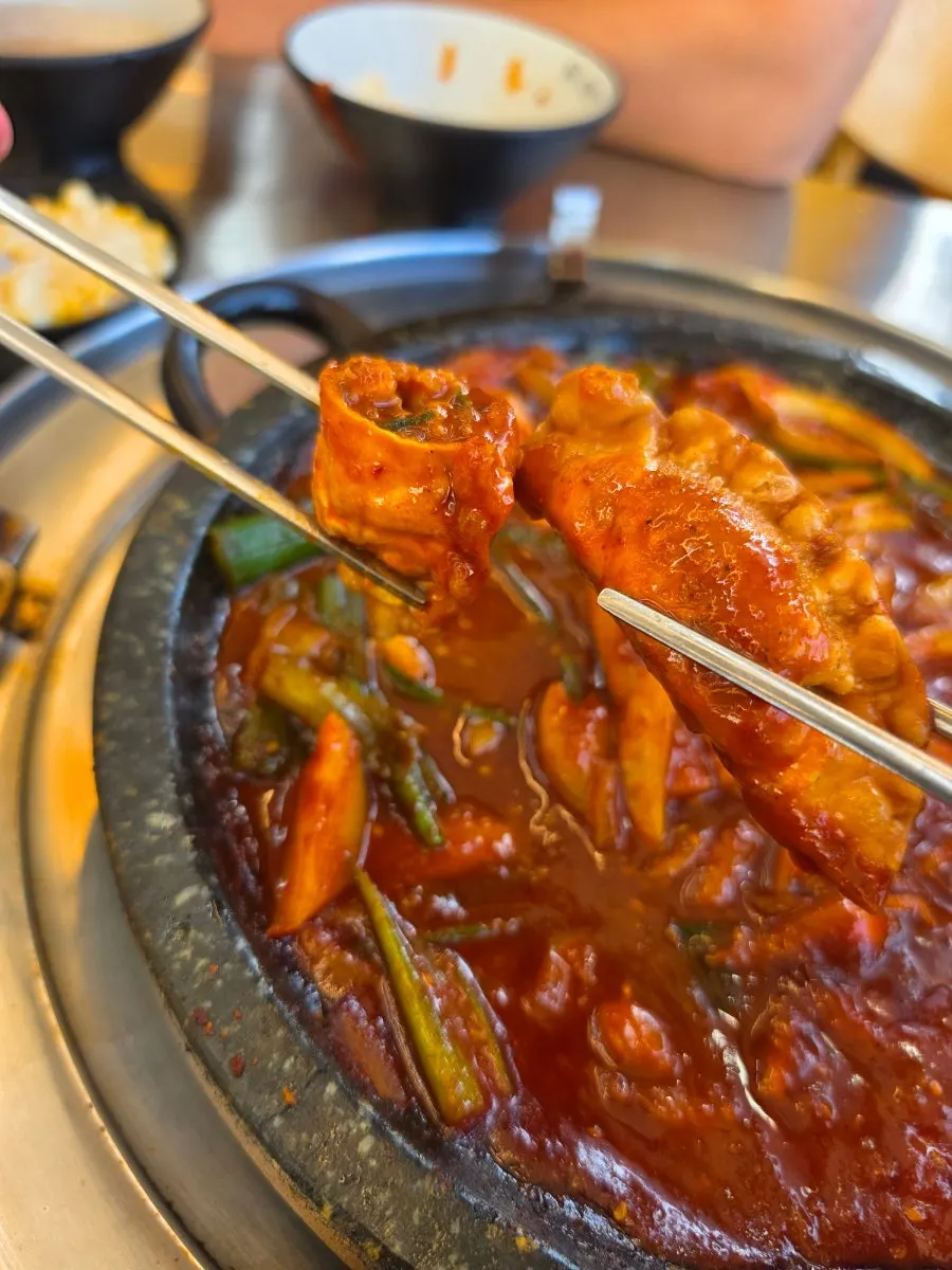 A bite of fried dumpling dipped in hot-plate squid sauce