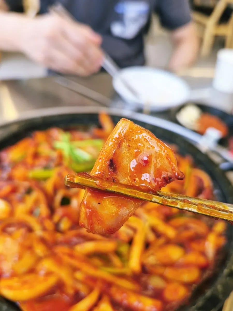 Close-up of squid stir-fry soaked in spicy sauce