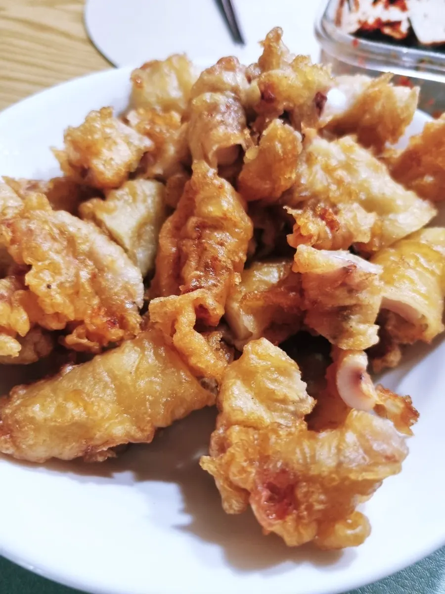 Takeout squid fritters plated at home