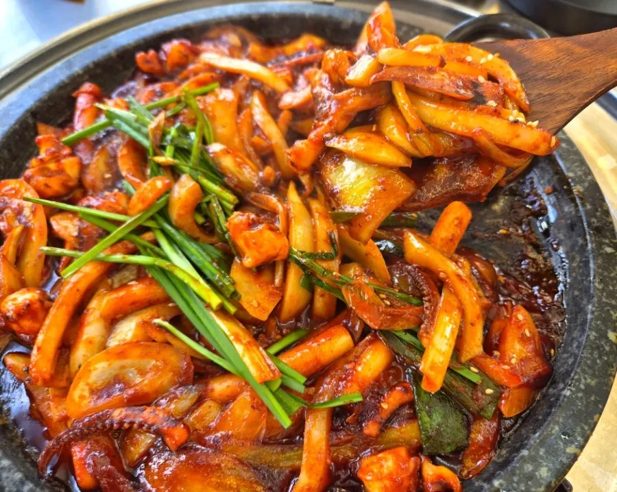 Close-up of the spicy stone-plate squid