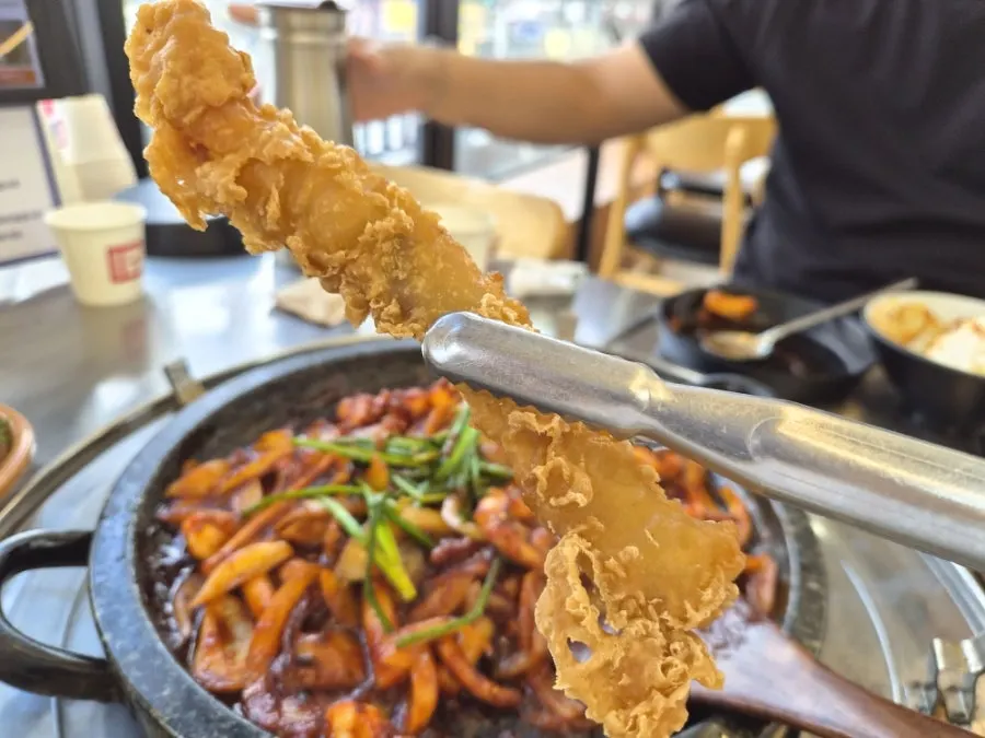 A crispy-battered piece of fried squid