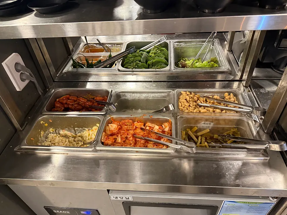 Side dishes and cold soup brought back from the self-serve bar
