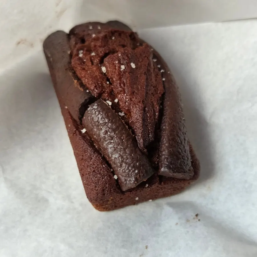 Cross-section of a chewy chocolate financier