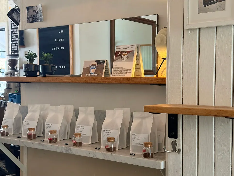 Display of coffee beans and clothing for sale