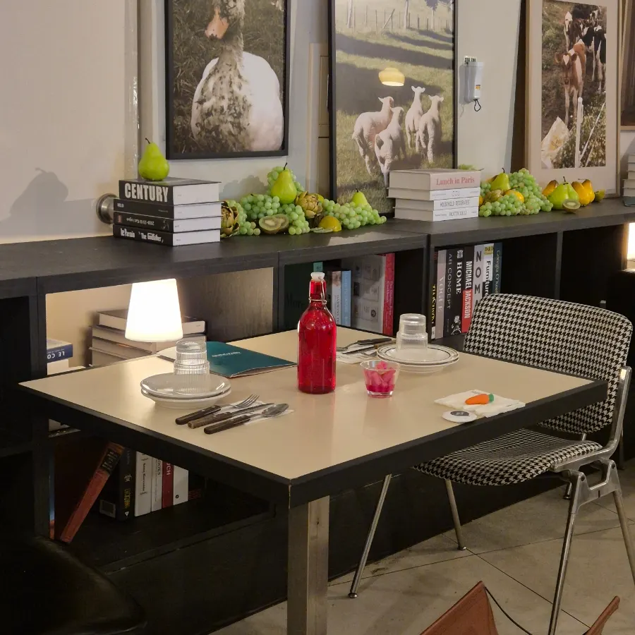 A corner of the restaurant decorated with props