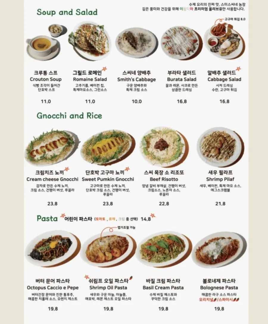 First page of Smith's Farm's menu board