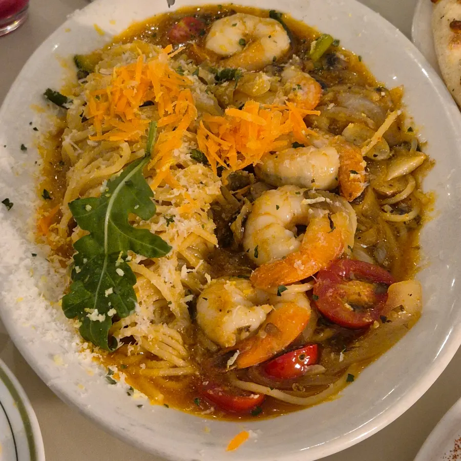 Shrimp oil pasta with whole shrimp