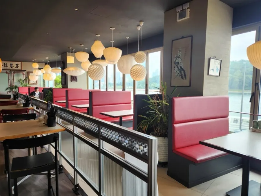 Restaurant interior with spacious table spacing
