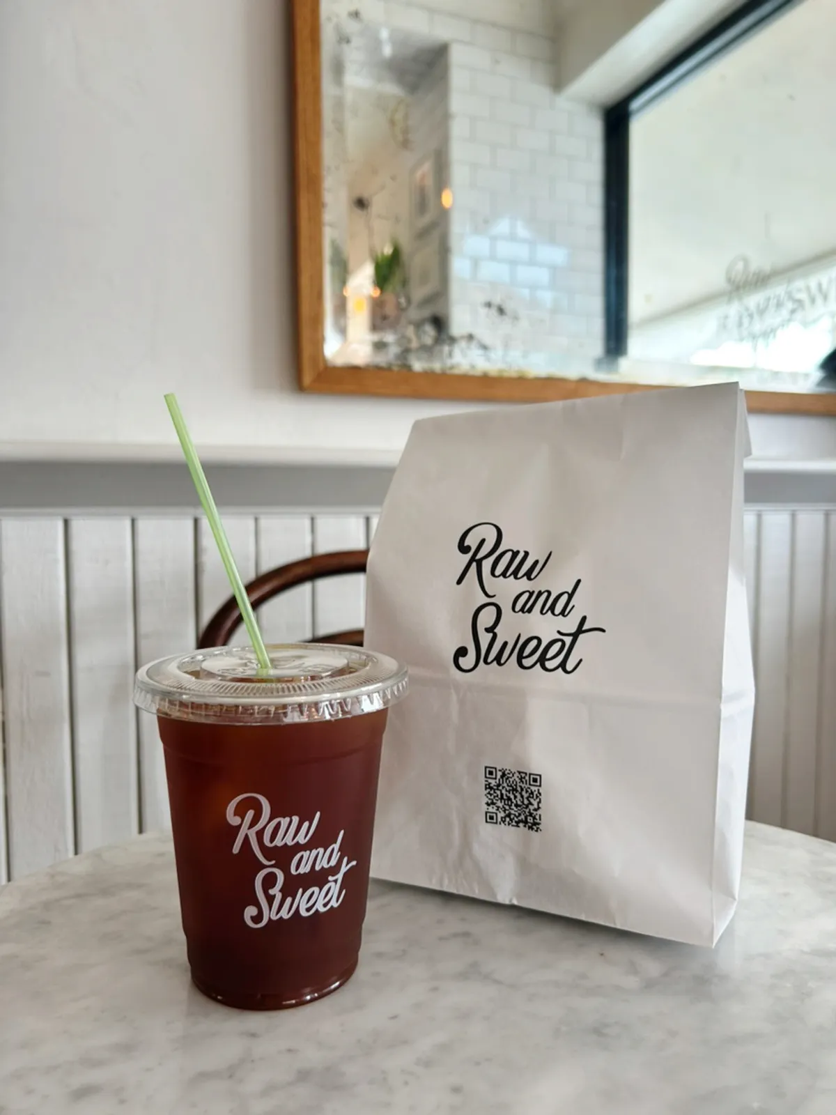 Gorgonzola financier with an iced Americano