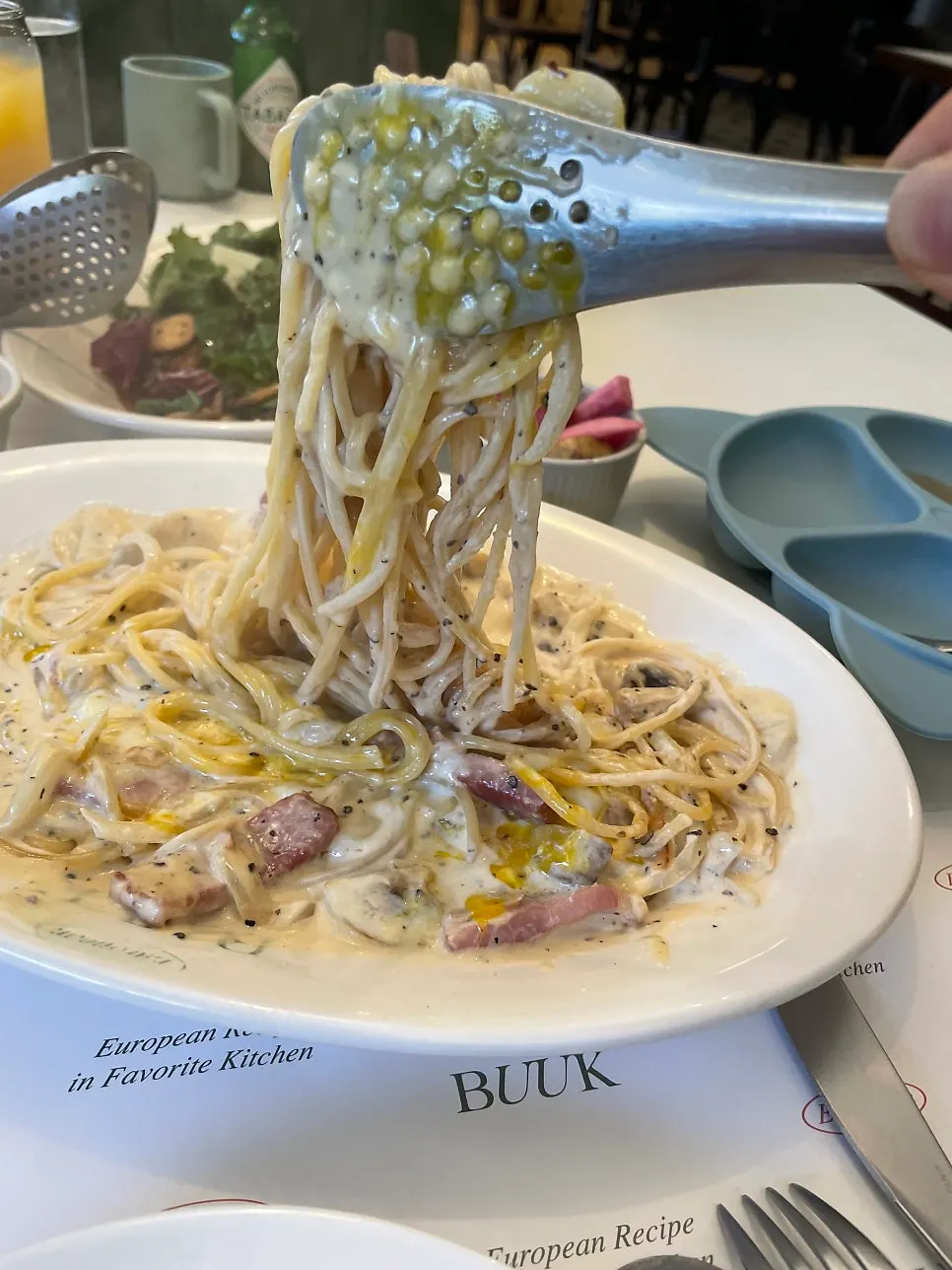 Grilled mushroom salad and carbonara