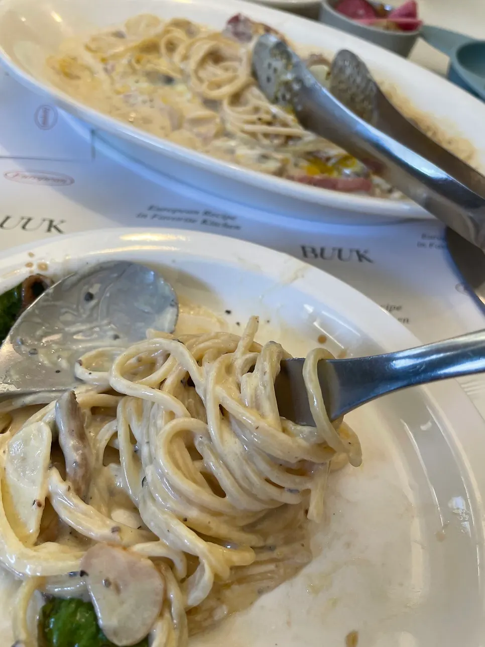 Grilled mushroom salad and carbonara