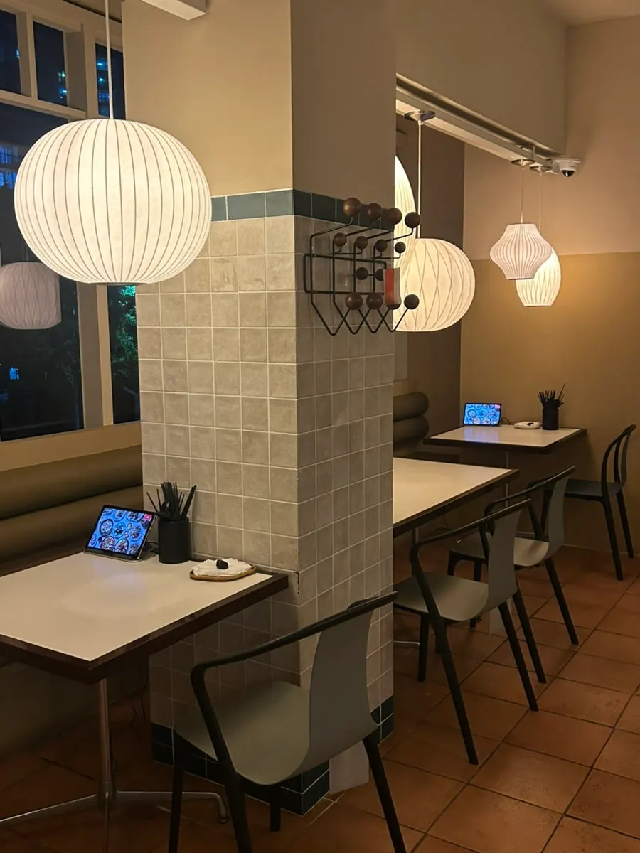 Interior of the Chinese restaurant decorated with lighting and props