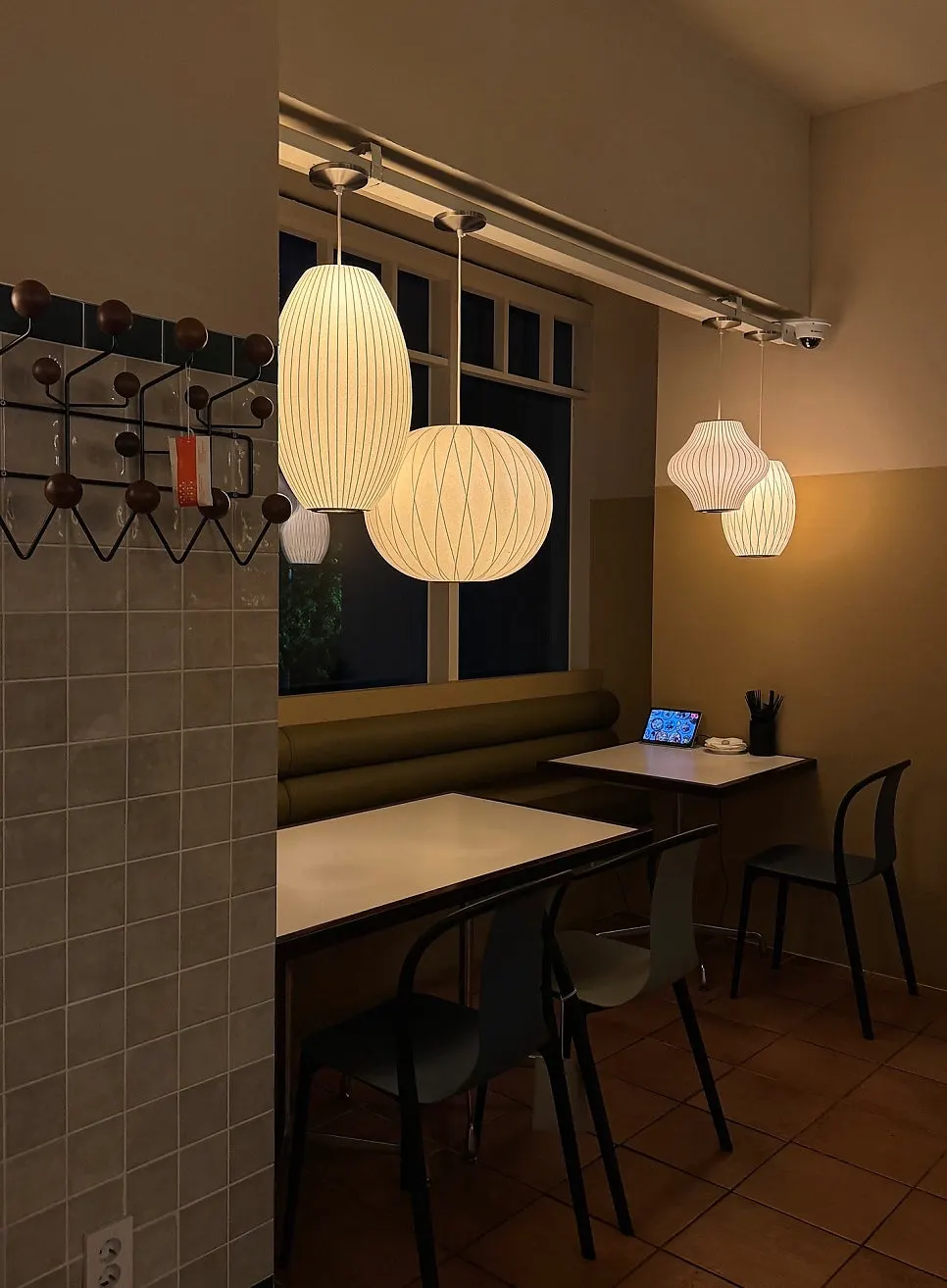 Interior of the restaurant lit with evening lighting