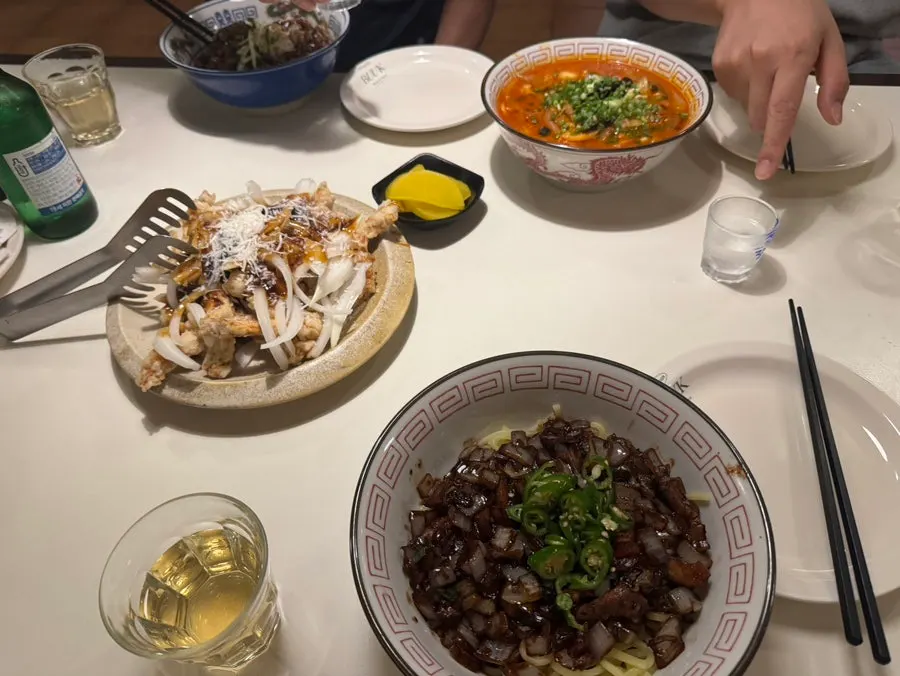 Chinese food spread with sweet and sour pork added