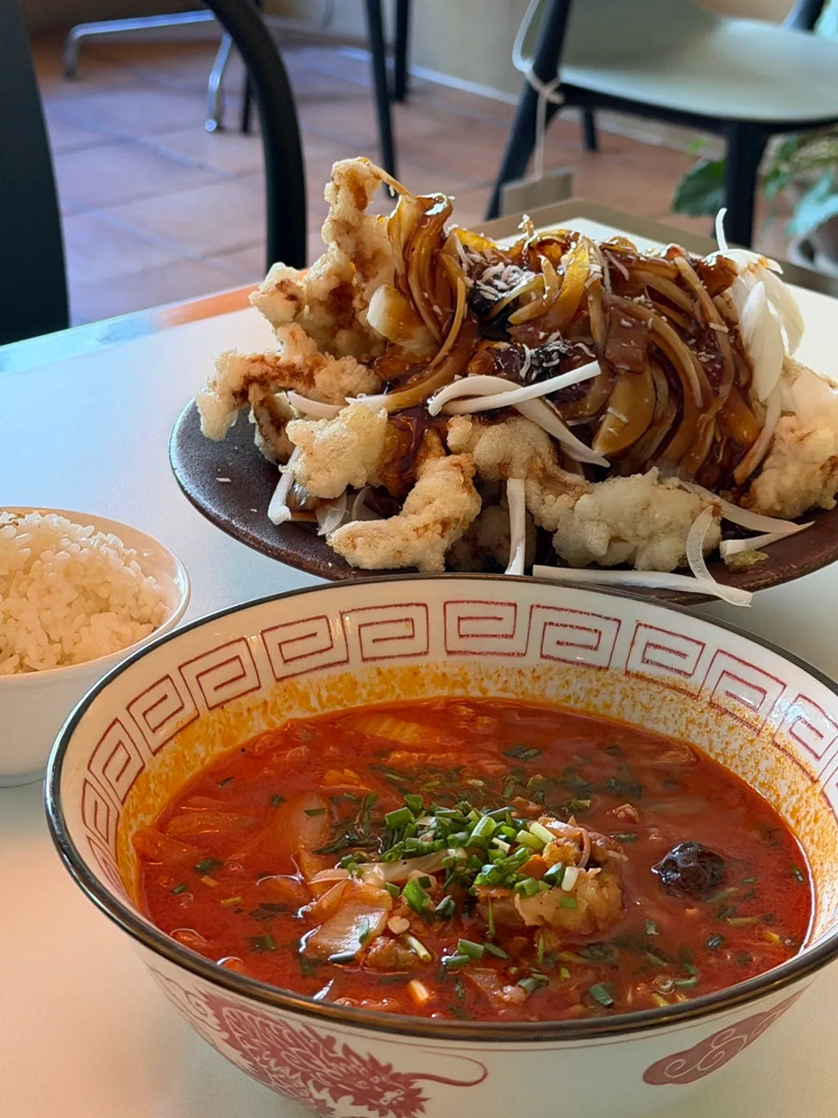 Full spread of beef belly jjamppong rice and black vinegar sweet and sour pork