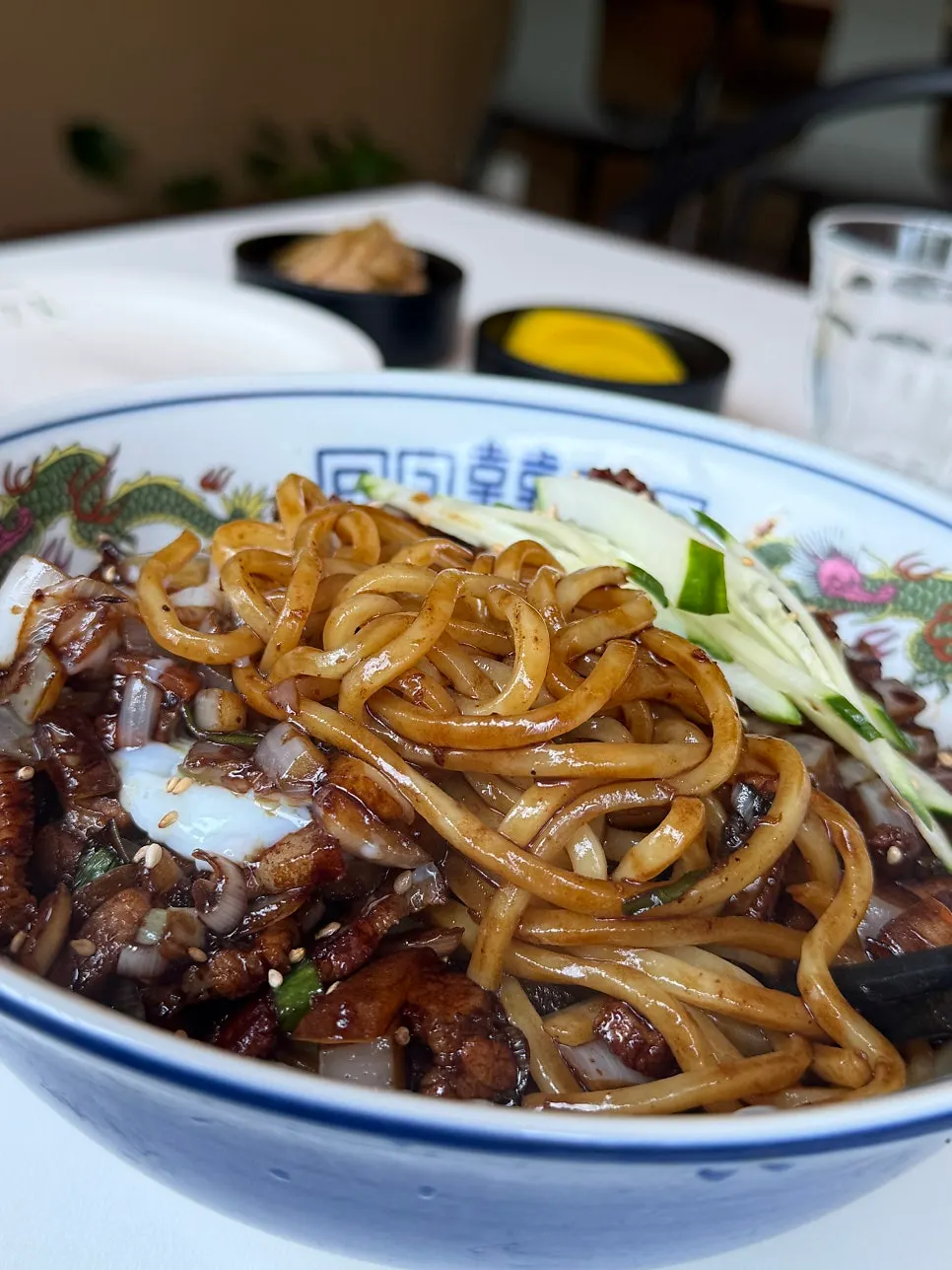 Bouncy jjajangmyeon noodles coated in sauce