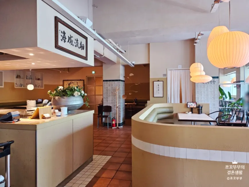 Dining space with generously spaced tables