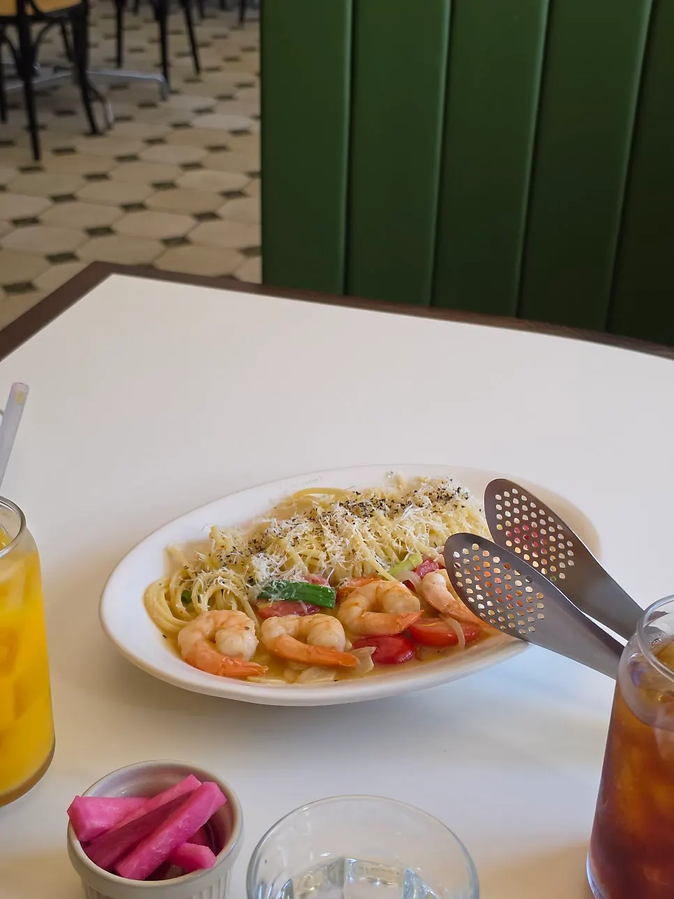 Close-up of the shrimp anchovy oil pasta
