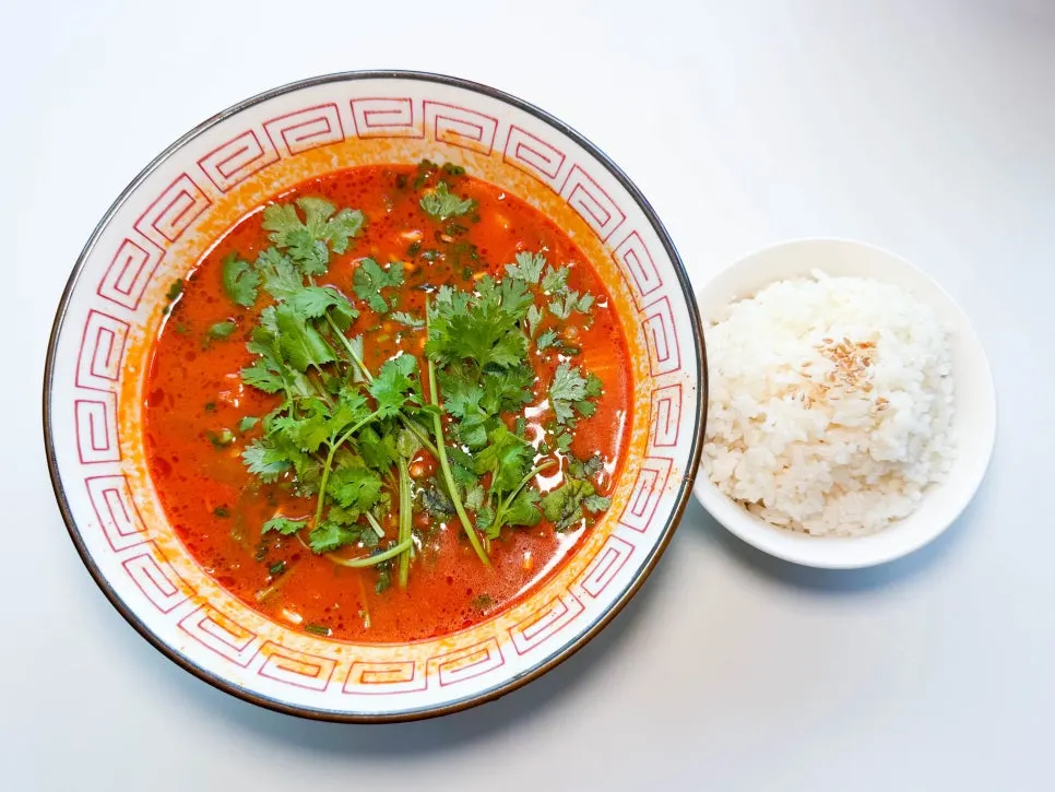 Mala cilantro jjamppong rice served with rice on the side