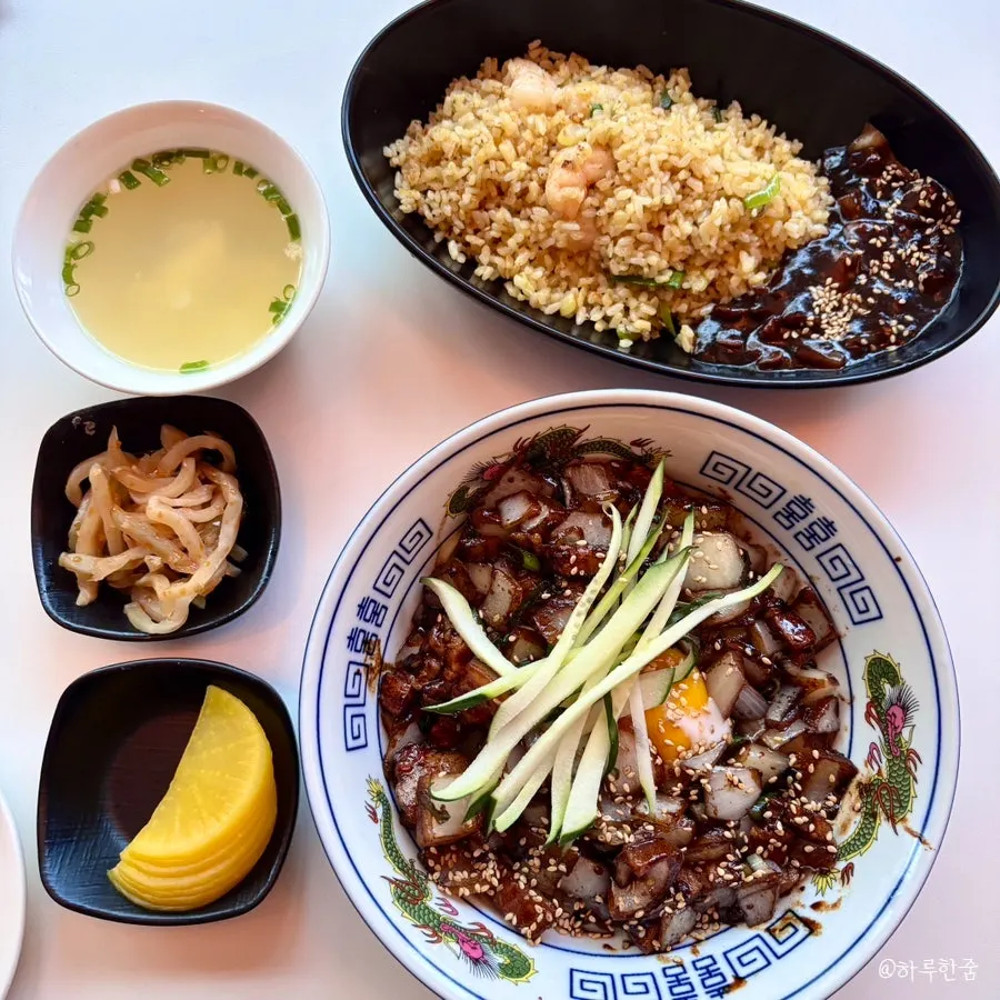 A bowl of pork belly jjajang topped with a poached egg
