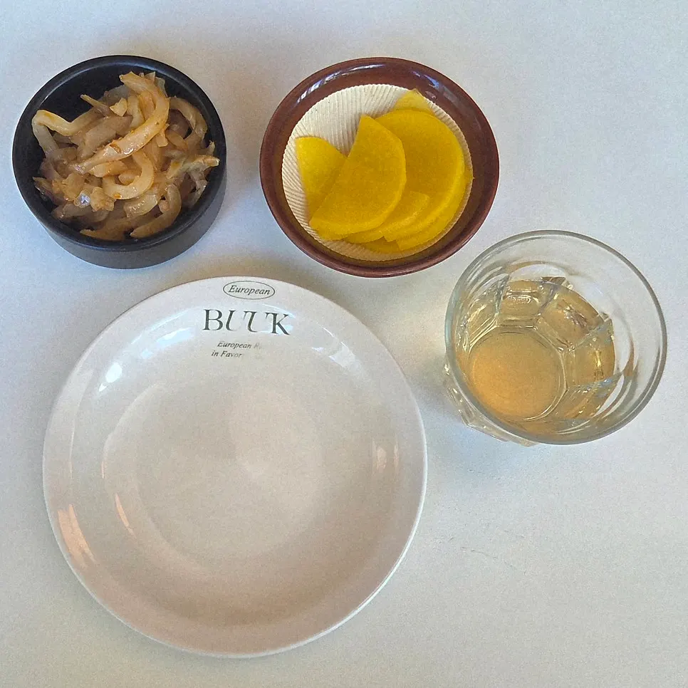 Table set with basic side dishes and tea