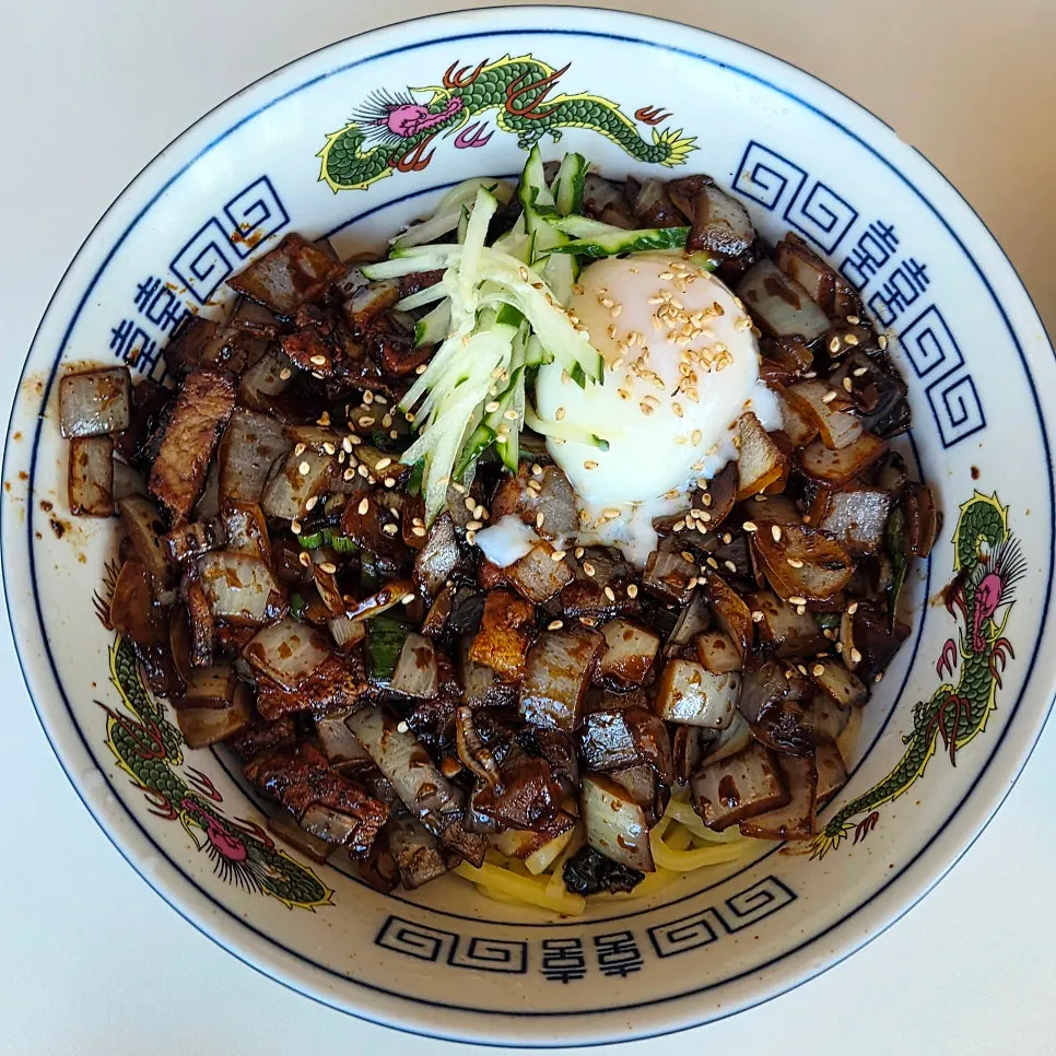 Su-ran samgyeop ganjjajang topped with a poached egg