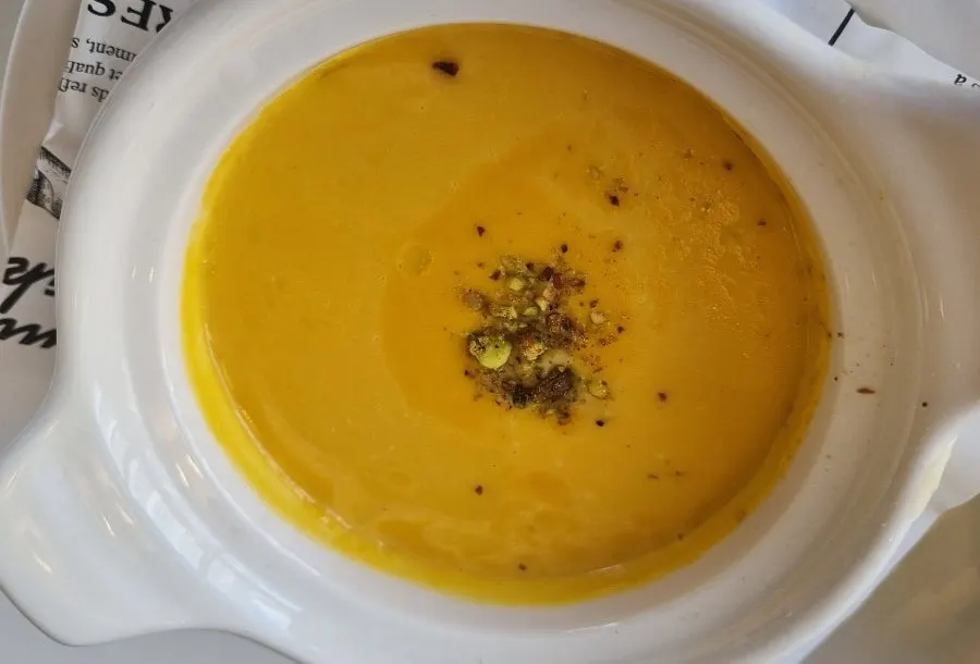 A bowl of Bueokgan's pumpkin soup