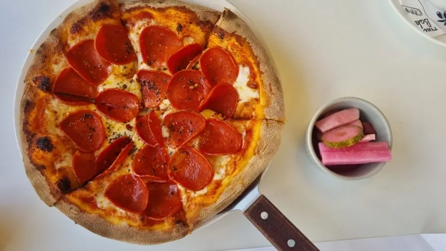 A whole pepperoni pizza from Bueokgan