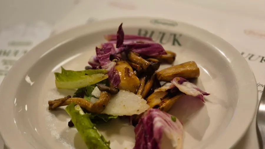 Sauce-soaked mushrooms and fresh salad greens