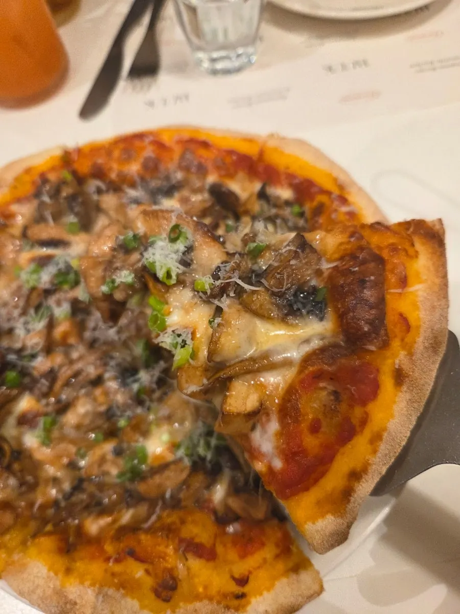 A slice of truffle mushroom pizza