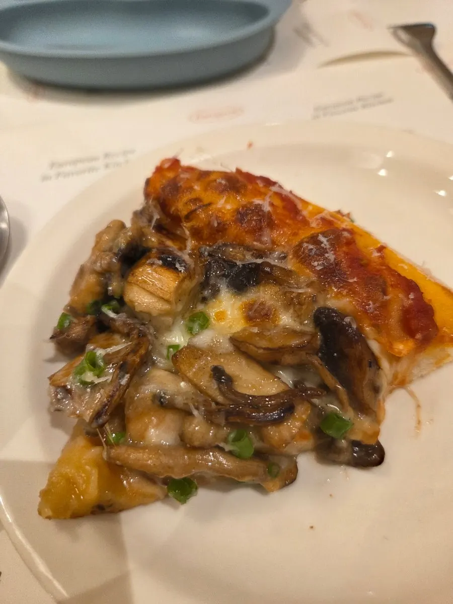 Close-up of mushroom toppings on the pizza