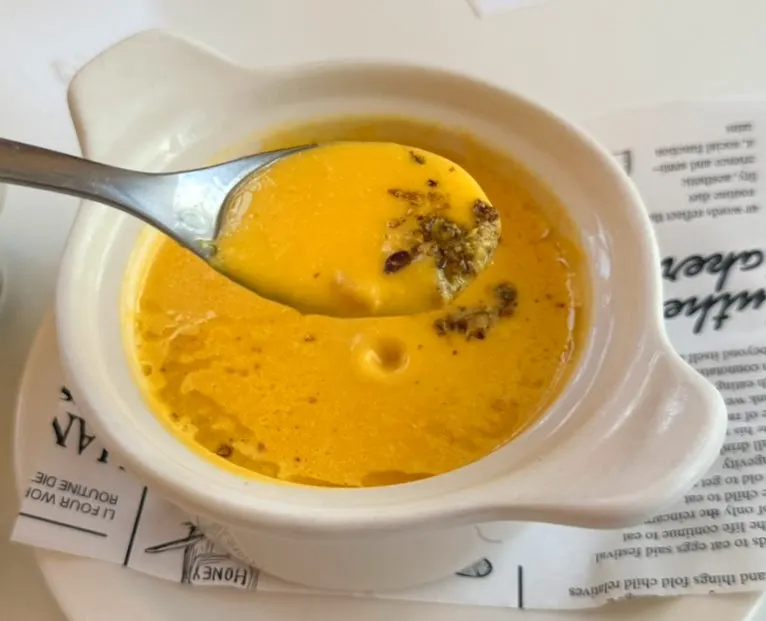 Pumpkin soup made with real pumpkin at Bueokgan