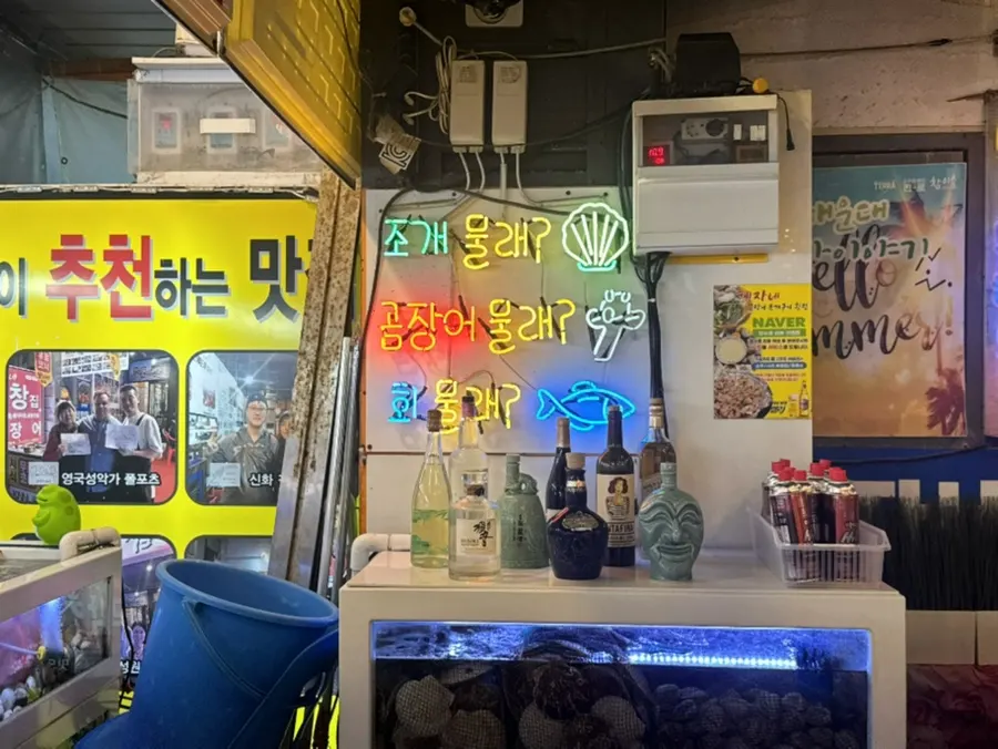 야자수 장식과 조명으로 꾸민 실내 좌석