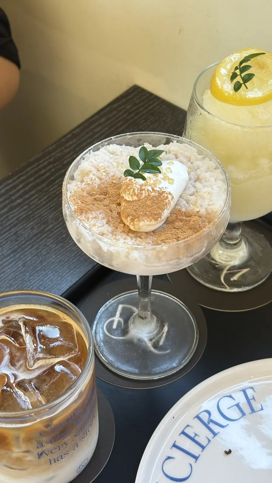 Pear and rice granita topped with cinnamon and nurungji granules
